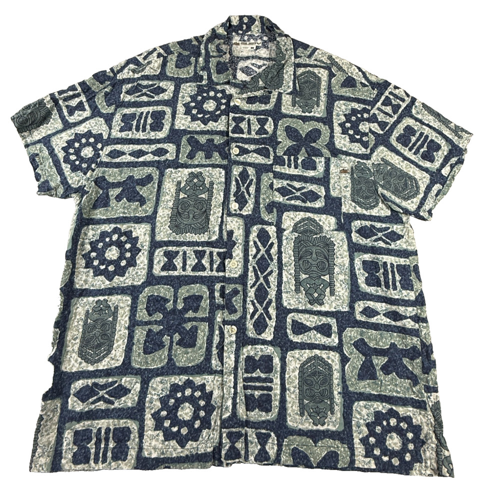 VTG Rusty Mens Shirt L‎ Blue Green Tiki Luau Hawaiian Tribal Totem Gods Aztec
